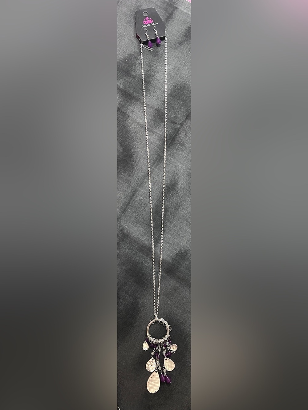 Paparazzi Silver Tone Charm Ring Necklace with Purple Beads